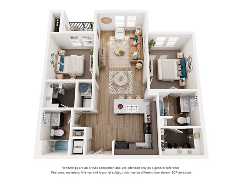 A 3D floor plan of a small apartment with a kitchen, living room, and bedroom.